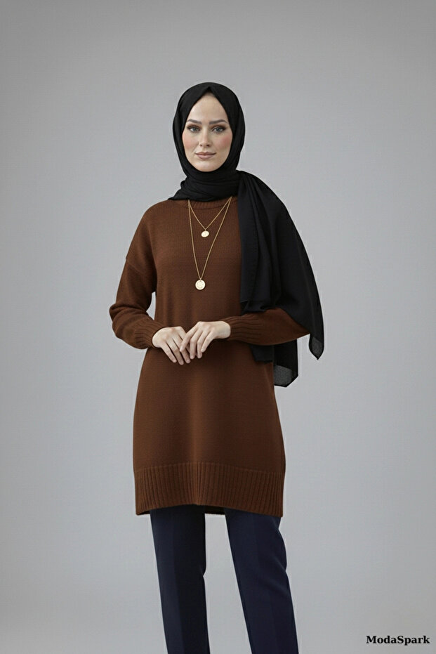 Women's Brown Crew Neck Oversize Knitwear Tunic Sweater