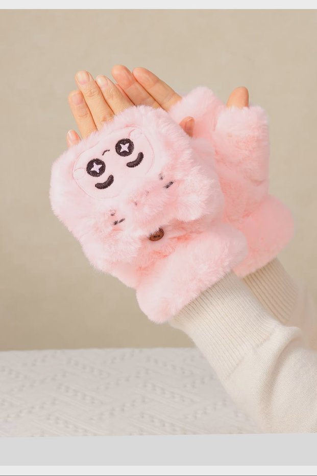 Plush Light Pink Character Fingerless Gloves – Soft Textured, Warm, and Adorable Design
