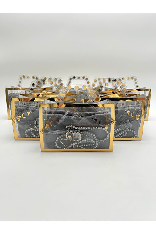 10 Ramadan-Themed Items in a Bag Including a Fringed Cover, Prayer Beads and a Stone Zikirmatik Set.