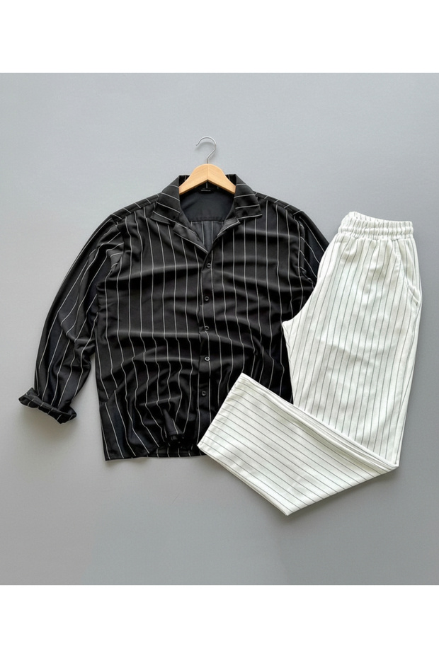 Striped Shirt and Trousers Set Crepe Fabric