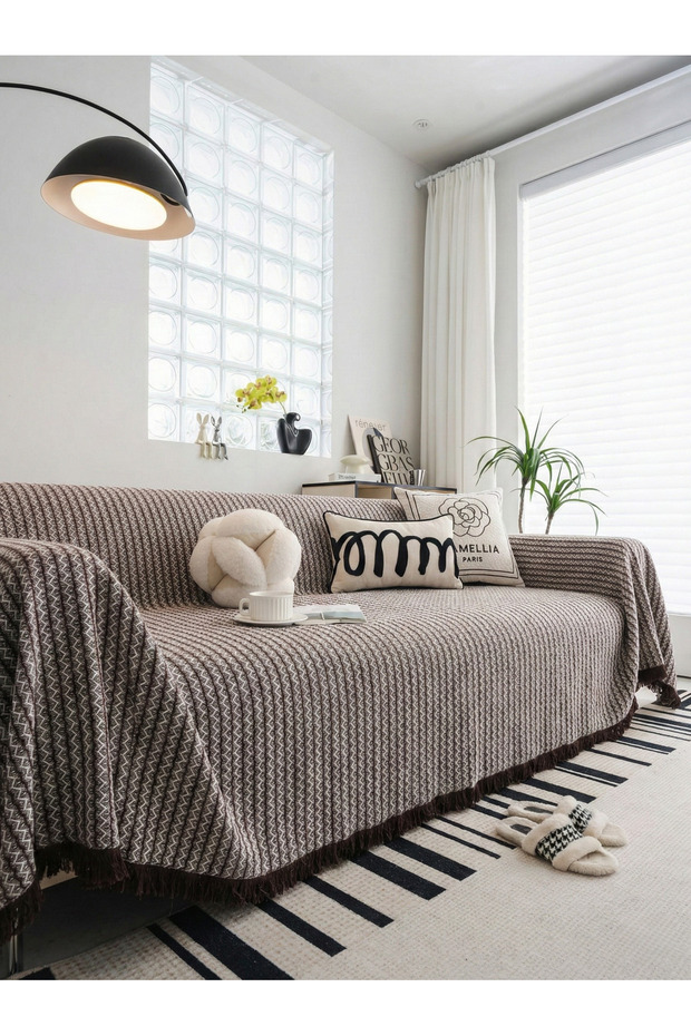 Cotton Fringed Sofa Cover|Multipurpose Cover|Sofa Shawl|Sleeves Covering|Extra Large|180x350