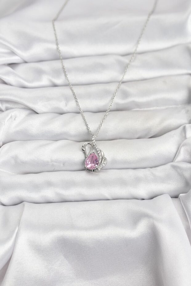 Pink Swan Women's Necklace with Zircon in Silver Steel Chain for Elegant Necks