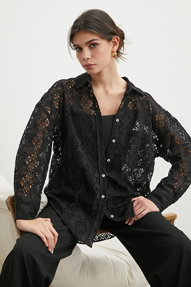 Cepli Dantel Gömlek Siyah - 3