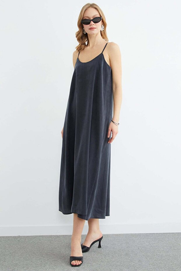 Basic İp Askılı Maxi Boy Elbise - 4