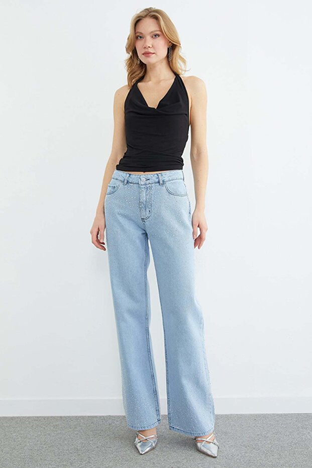 Stone Detailed High Waist Jeans