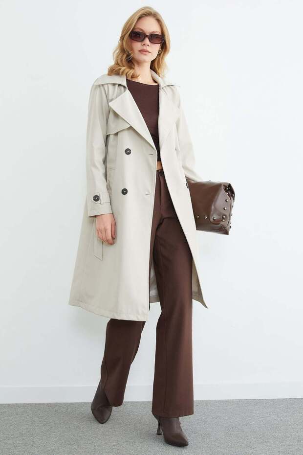 Belted Double-Breasted Collared Long Trench Coat