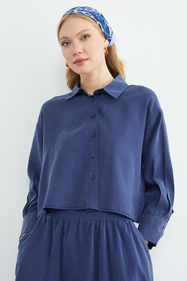 Basic Düğmeli Salaş Crop Gömlek - 2