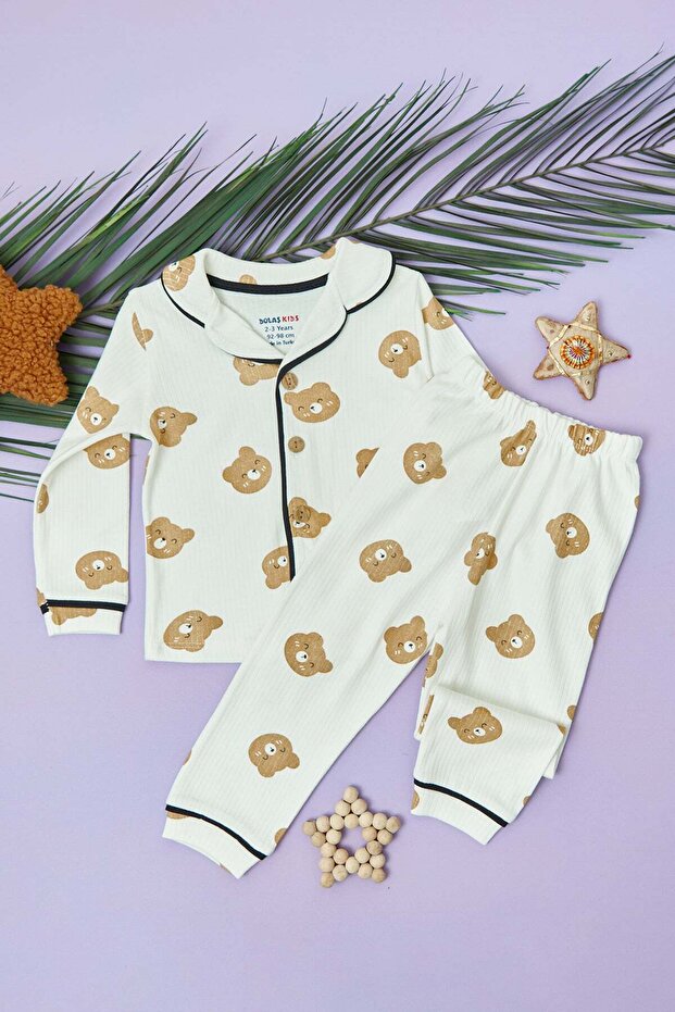 Teddy Bear Printed Corded Fabric Unisex Children's Pajama Set