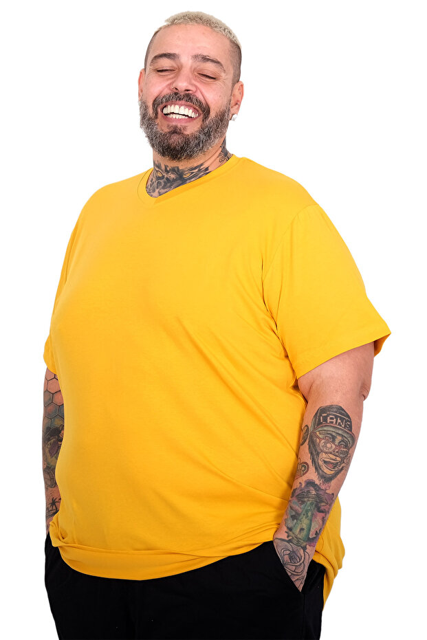 Big Size Men's T-Shirt Lycra V-Neck 20150 Mustard