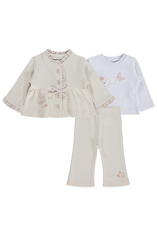 Luxury Textile Butterfly Embroidered 3-Piece Cardigan Set for 6-18 Months - Beige