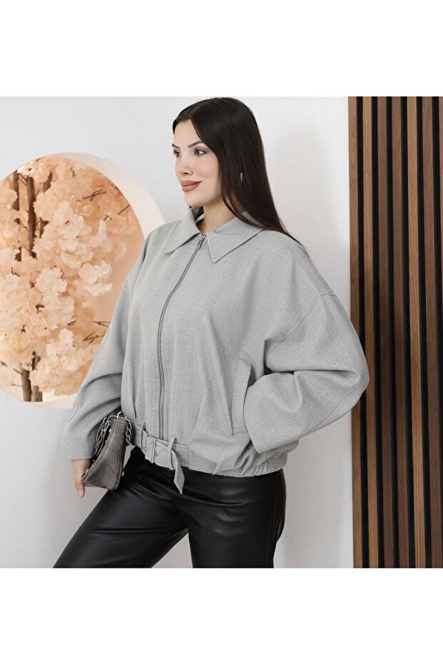 Zr Equivalent Short Gray Polyviscon Fabric Bomber Jacket - 2