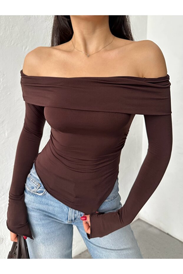 Women's Bitter Brown Asymmetrical Cut Asymmetrical Sleeve Sandy Fabric Madonna Collar Blouse