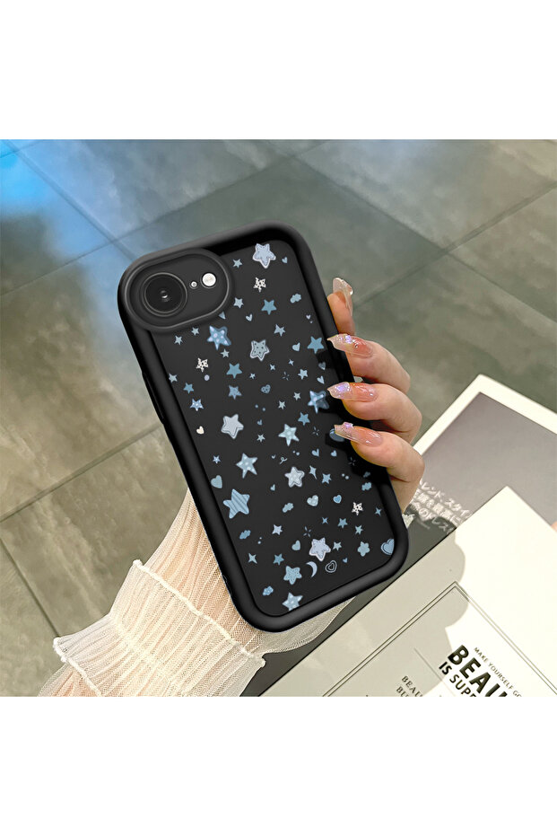 حافظة من السيليكون متوافقة مع هاتف iPhone 16e، مقاومة للصدمات، لون أسود، نمط نجمة - 1