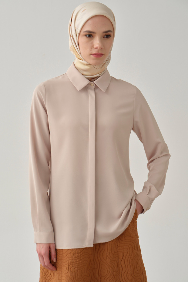 Basic Gizli Patlı Gömlek - Bej - 2