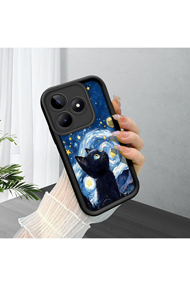 حافظة متوافقة مع هاتف Realme Note 50 مصنوعة من مادة السيليكون المقاومة للصدمات باللون الأسود بنمط قطة - 1