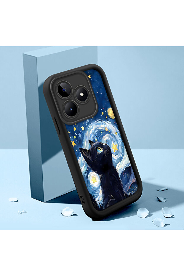 حافظة متوافقة مع هاتف Realme Note 50 مصنوعة من مادة السيليكون المقاومة للصدمات باللون الأسود بنمط قطة - 3