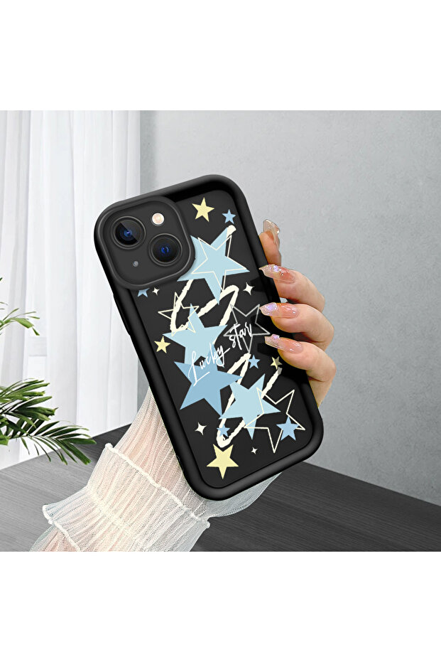 حافظة من السيليكون متوافقة مع هاتف iPhone 15، مقاومة للصدمات، لون أسود، بنمط نجمة. - 1