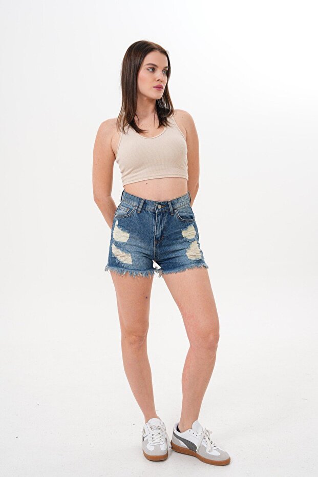 Women's Blue Color Ripped Detailed Denim Shorts