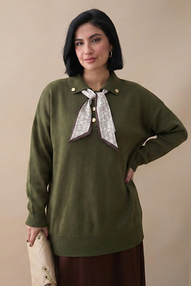 Fularlı Triko Haki Tunik - 4