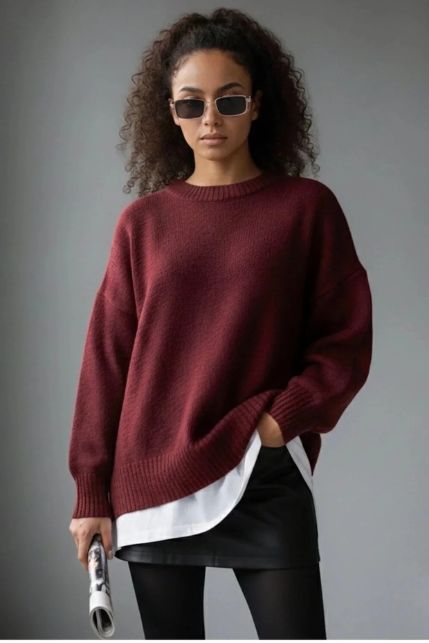 Women's Burgundy Crew Neck Long Sleeve Oversize Soft Textured Knit Sweater