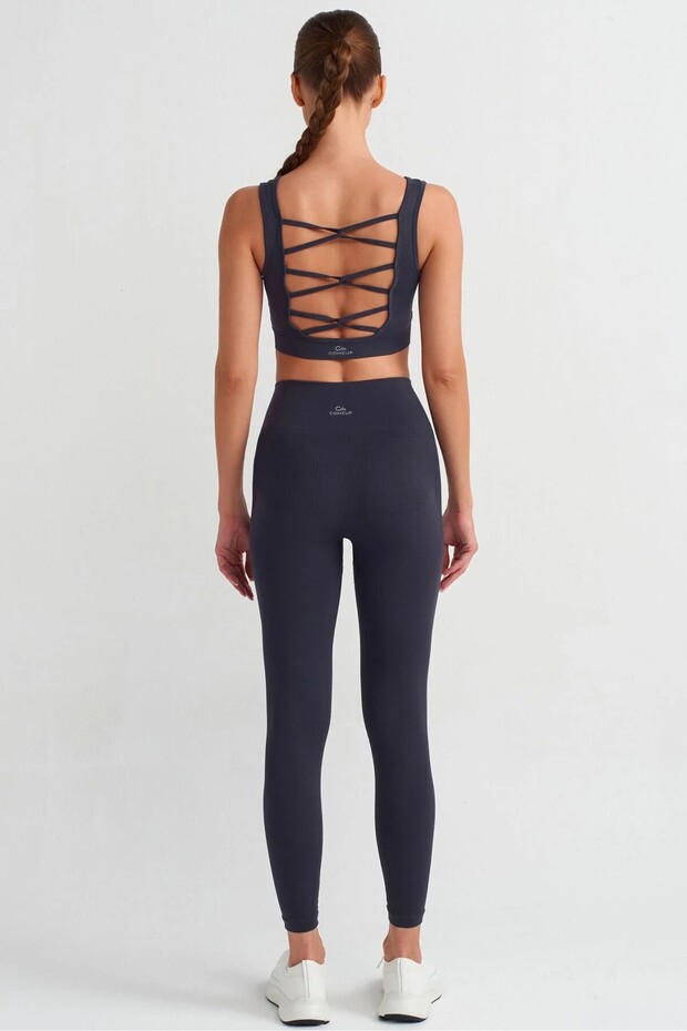 Herringbone Patterned Gathering Tights Dark Navy Blue - 4