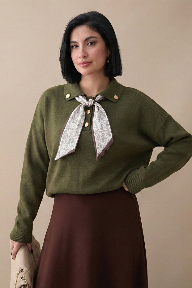 Fularlı Triko Haki Tunik - 5