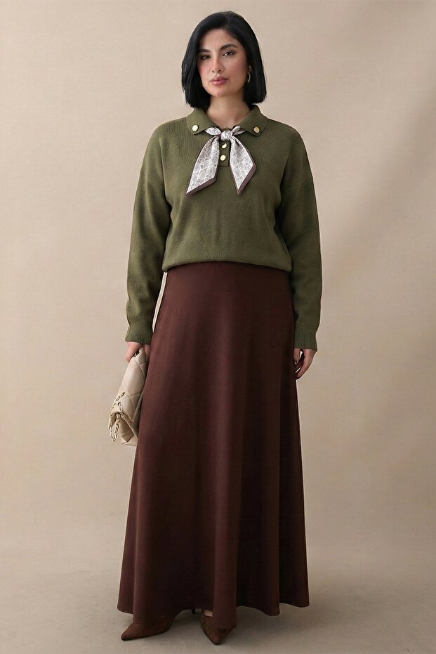 Fularlı Triko Haki Tunik - 2