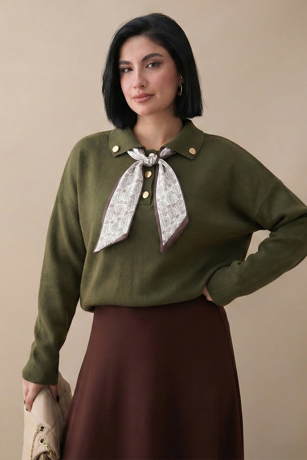 Fularlı Triko Haki Tunik - 1