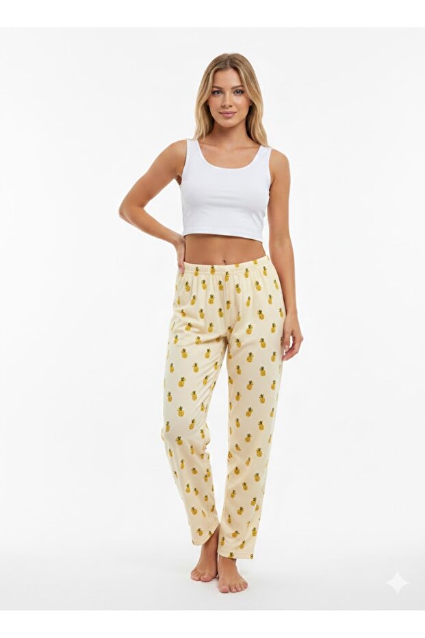 Women's Yellow Pineapple Patterned Pajama Bottoms Cotton Soft Textured