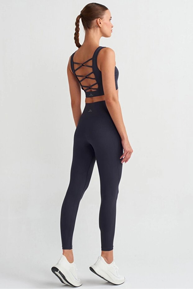 Herringbone Patterned Gathering Tights Dark Navy Blue - 3