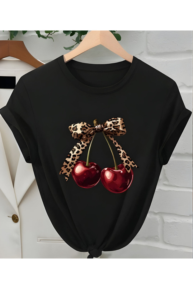 Women's Cherry Printed Casual Round Neck Short Sleeve T-Shirt for Summer
