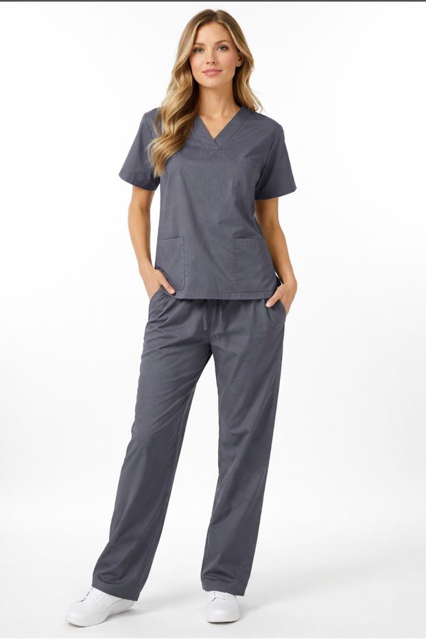 UNISEX Gray Medical Scrubs Set – Stretchy Fabric, V-Neck, Pocketed Nurse & Doctor Uniform