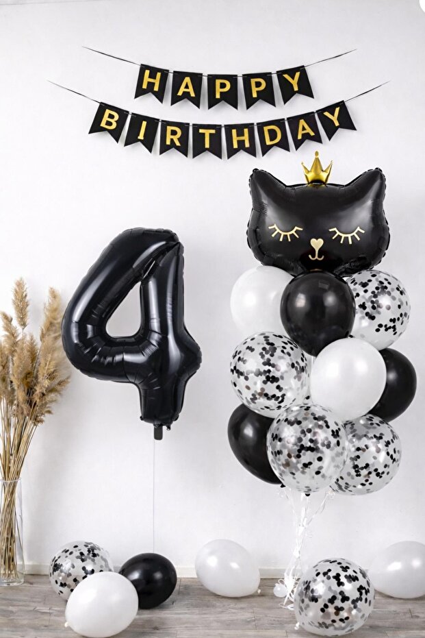 4 Year Old Cat Themed Birthday Balloon Set – Black Concept