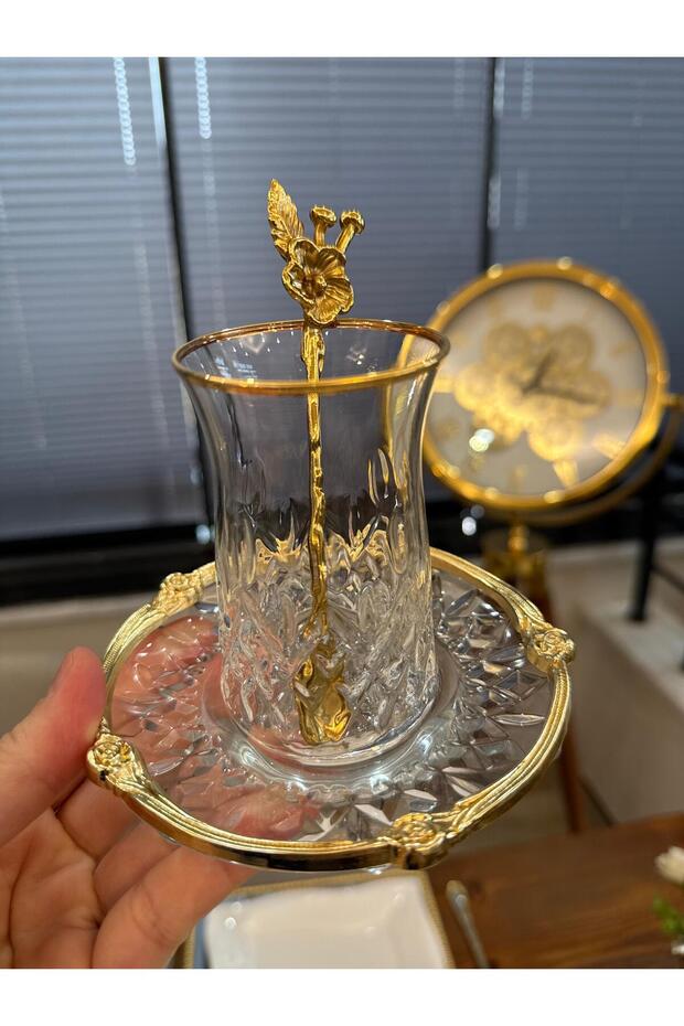 Odin Real Gold Rose Frame Tea Set 18 Pieces - 6 Plates 6 Cups - 6 Spoons Tea Set