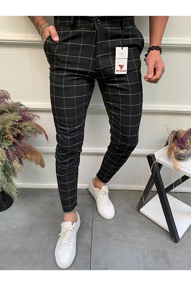 Men's Black Slim Fit Lycra Plaid Fabric Trousers
