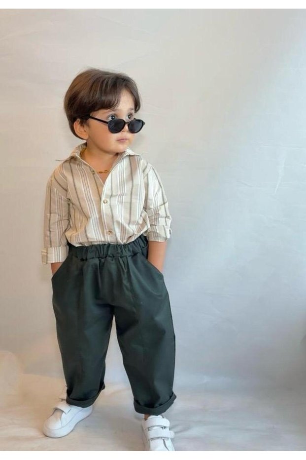 Striped Shirt and Khaki Trousers Set