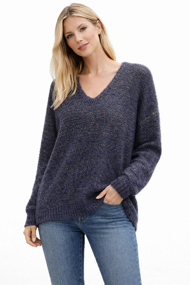 Park Moda Women's Silvery V-Neck Angora Italian Sweater