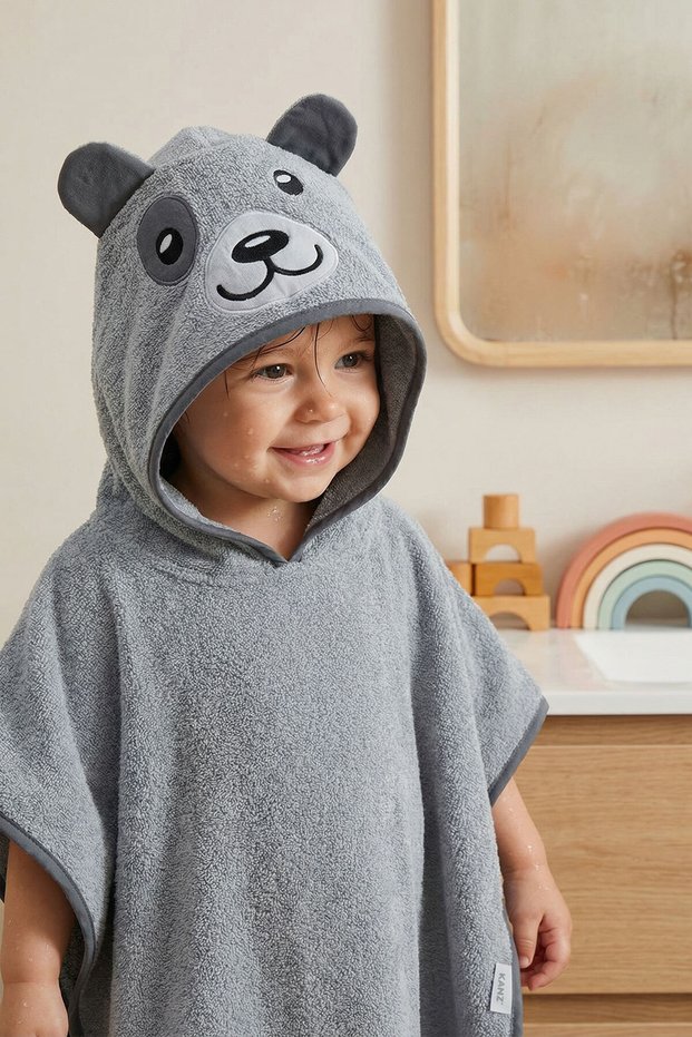 Baby Poncho Bath and Beach Towel 100% Cotton with Hood and Embroidered Figures - Bear Gray