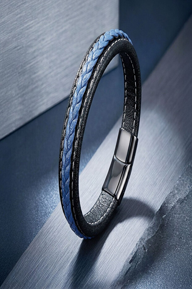 Men's Leather Bracelet with White Stripes and Navy Blue Hair Braid, Magnetic Lock Leather Bracelet