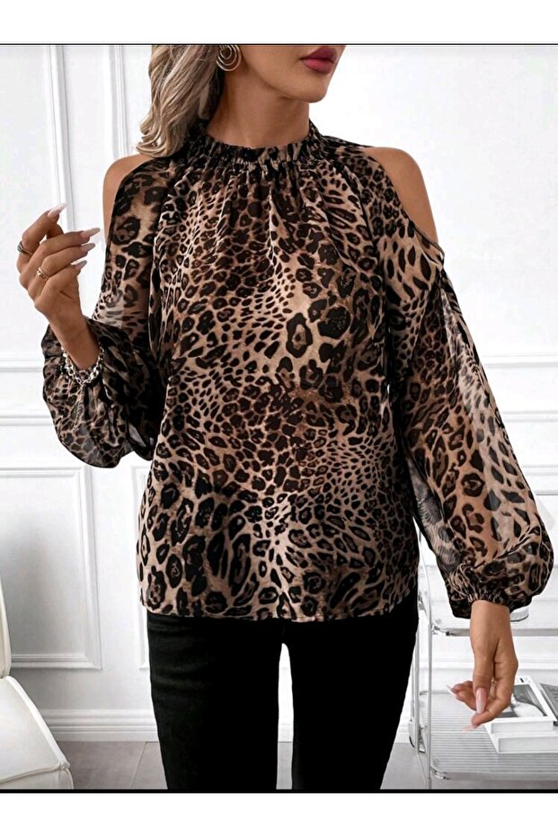 leopar tül bluz - 3