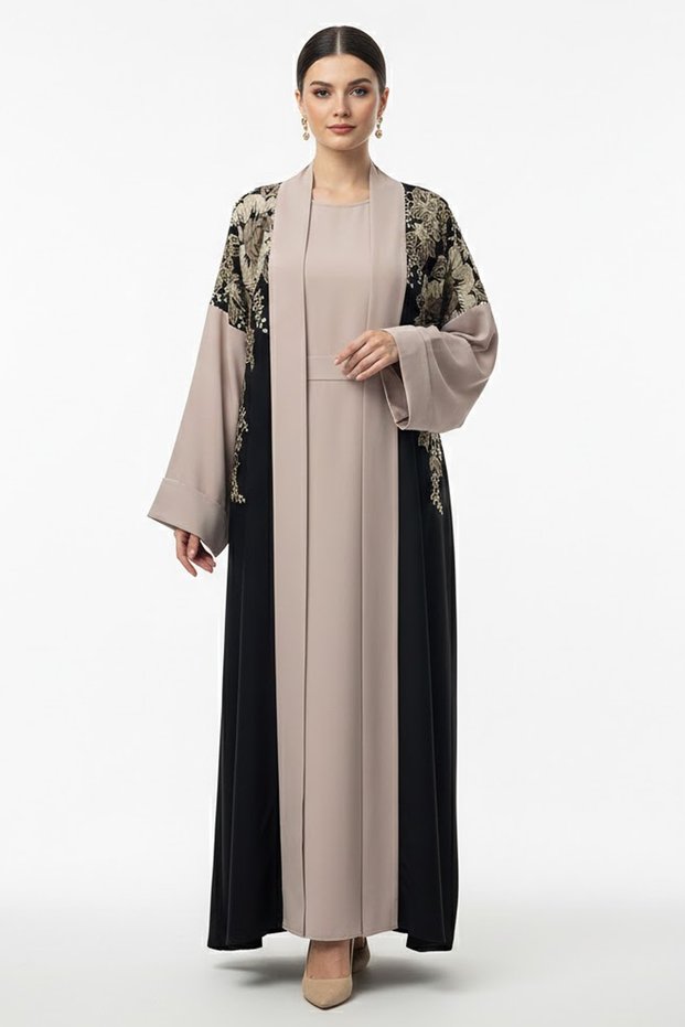 2 Pieces Premium Black Open Abaya Set With Inner Elegant Floral Embroidery Casual Muslim Abaya Dress