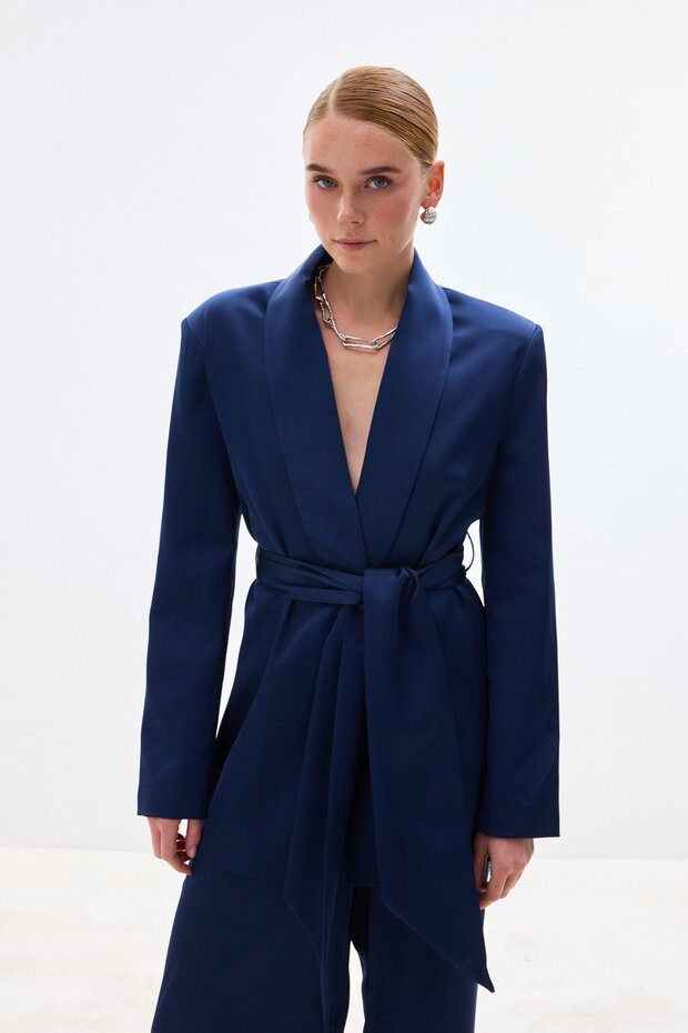 Belted Satin Jacket - Navy Blue