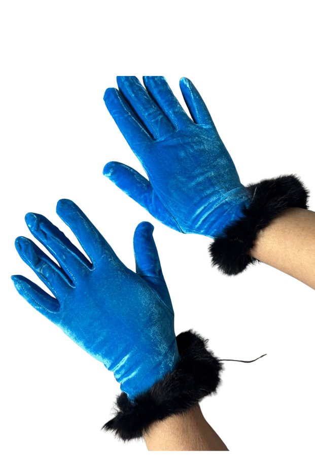 Women's Blue Velvet Feather Gloves | Stylish, Winter, Daily & Event Use