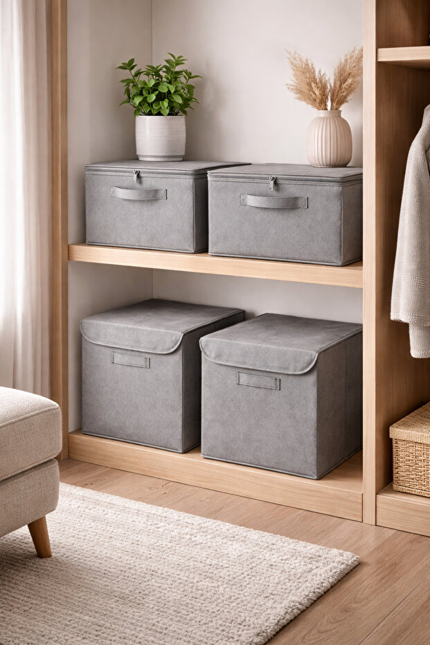 4-Piece Luxury Set: 2 Boxes with Lids and 2 Gray Storage Organizers with Supports for Inside the Cabinet