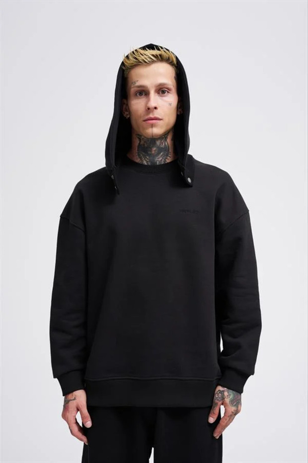 Erkek Basic Kapüşonlu Sweatshirt Siyah - 5