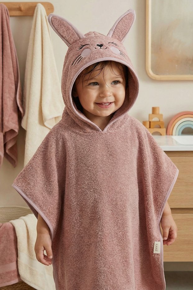 Baby Poncho Bath and Beach Towel 100% Cotton with Hood and Embroidered Figures - Bunny K.Pudra