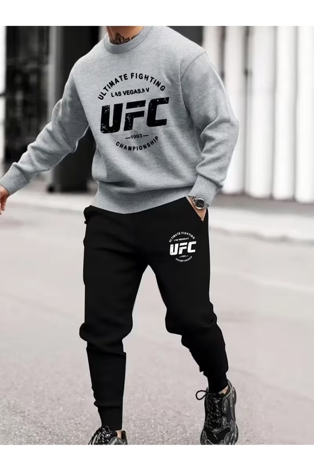 Unisex Ufc Printed Crew Neck Top and Bottom Set
