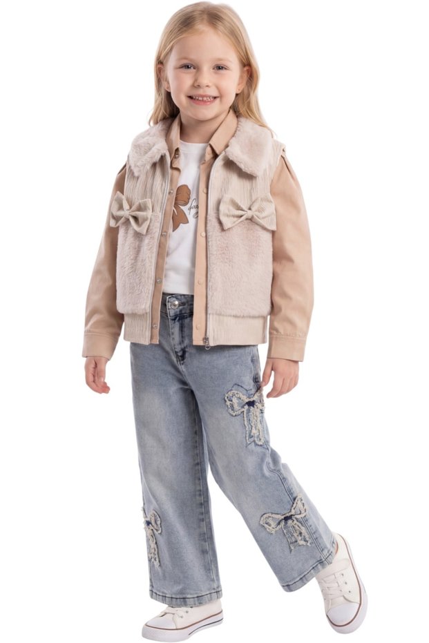 Girl's Bow Detailed Plush Vest, Shirt, Jeans and Beige Color Four-Piece Set