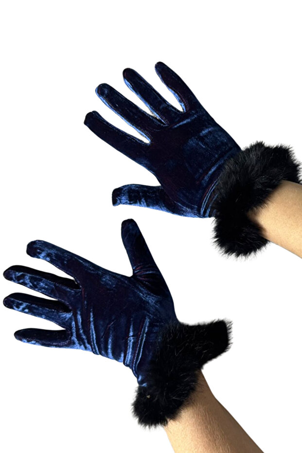 Women's Cobalt Blue Velvet Feather Gloves | Midnight Blue, Stylish, Winter Event Accessory
