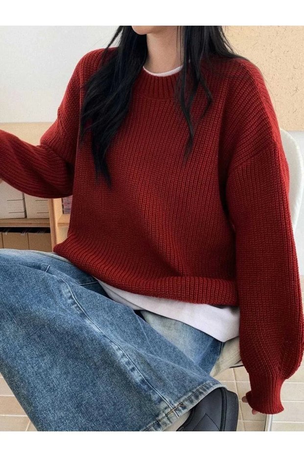 Women's Red Crew Neck Long Sleeve Off Shoulder Oversize Thessaloniki Knitwear Sweater